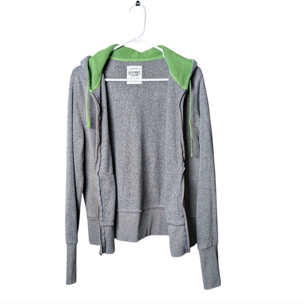 Old Navy Gray Hoodie Green Lining Women's L Drawstring Hood Full Zipper Front - Picture 10 of 10